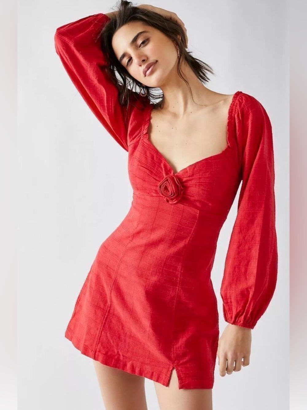 Free People Put a Rose on it Scarlet Puff-Sleeve Mini Dress with appliqué Detail